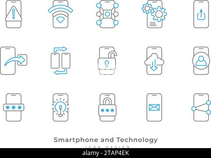 Mobiltelefonfunktionen und -Einstellungen Symbole mit Leitungsstil. Symbolsatz Für Smartphone-Technologie Stock Vektor