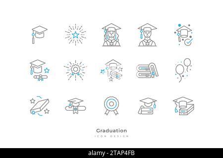 Graduation Icon Kollektion mit schlichtem und minimalistischem Linienstil. Enthält Abschlusskappe, Toga, Scroll, Zertifikat, Buch, Medaille und mehr Stock Vektor