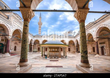 Die Bayezid-II-Moschee im Innenhof von Istanbul und Blick auf den Schadirvan, Wahrzeichen der größten Stadt der Türkei Stockfoto