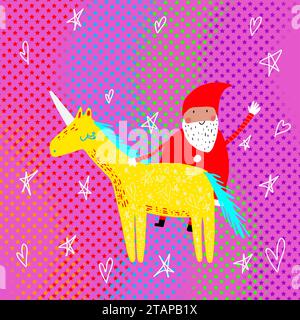 Magische Weihnachten, Frohe Weihnachten, Frohes Neues Jahr. Weihnachtskarte, Poster, Platz für Text. Sehr bunte Illustration, Geste für den Weihnachtsgruß, Stockfoto