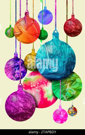Illustration mit hängenden Weihnachtskugeln mit verschiedenen glänzenden Texturen, die einen festlichen und fröhlichen Look verleihen Stockfoto