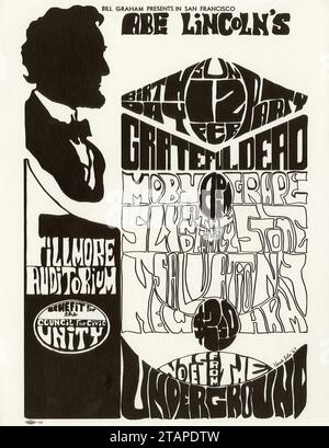 Bill Graham präsentiert in San Francisco - Abe Lincoln's Birthday Party - Grateful Dead, Sly and the Family Stone, Salvation, New Army, Notes from the Underground - Fillmore Auditorium Concert Handbill 1967 Stockfoto