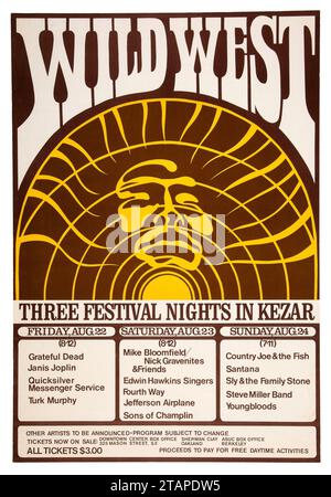 Grateful Dead, Janis Joplin, Quicksilver Messenger Service, Mike Bloomfield, Jefferson Airplane, Santana, Steve Miller Band, Sly and the Family Stone – 1969 „Wild West“ Festival San Francisco – Konzertposter Stockfoto