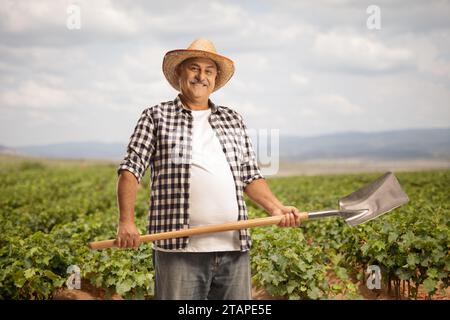 Glücklicher reifer Bauer mit einem Spaten, der auf einem Weinrebenfeld steht Stockfoto