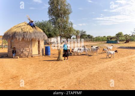 Hausarbeit im afrikanischen Dorf, Mutter repariert das Strohdach, Oma füttert die Ziegen und das Kind ruht im Schatten der Hütte Stockfoto