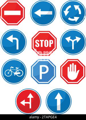 Sammlung von Verkehrszeichen. Rote, blaue, grüne und gelbe Warnung, Priorität, Verbot, obligatorisch... Straßengesang Set. Vektorgrafik Abbildung Stock Vektor