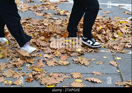 Schlendern Sie durch das Laub in der Stadt Stockfoto