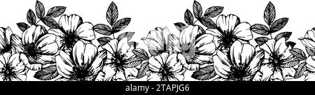 Nahtloser Vektor mit rosafarbener Hüfte. Wilde Rosenblüten und Beeren, medizinische Kräuterlinien-Kunst-Zeichnung. Umrissene Hunderosen-Illustration isoliert auf weiß Stock Vektor