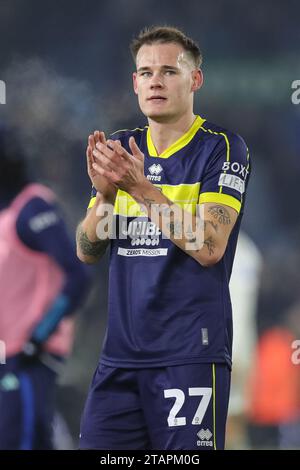 Leeds, Großbritannien. Dezember 2023. Lukas Engel #27 von Middlesbrough während des Sky Bet Championship Matches Leeds United gegen Middlesbrough in der Elland Road, Leeds, Großbritannien, 2. Dezember 2023 (Foto: James Heaton/News Images) in Leeds, Großbritannien am 12.2.2023. (Foto: James Heaton/News Images/SIPA USA) Credit: SIPA USA/Alamy Live News Stockfoto