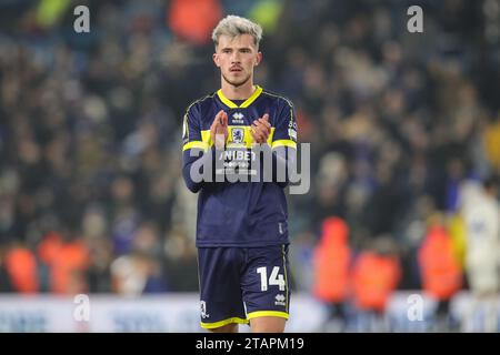 Leeds, Großbritannien. Dezember 2023. Alex Gilbert #14 von Middlesbrough während des Sky Bet Championship Matches Leeds United gegen Middlesbrough in der Elland Road, Leeds, Großbritannien, 2. Dezember 2023 (Foto: James Heaton/News Images) in Leeds, Großbritannien am 12.2.2023. (Foto: James Heaton/News Images/SIPA USA) Credit: SIPA USA/Alamy Live News Stockfoto