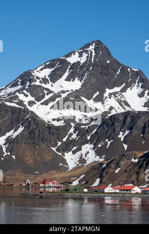 Südgeorgien, Grytviken. Malerischer Blick auf die Küste des historischen Walfangdorfes Grytviken an einem ruhigen Tag. Stockfoto