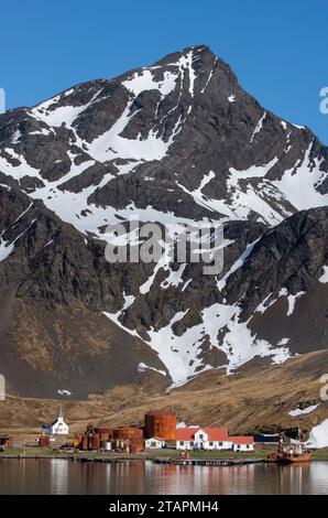 Südgeorgien, Grytviken. Malerischer Blick auf die Küste des historischen Walfangdorfes Grytviken an einem ruhigen Tag. Stockfoto