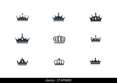 Große Sammlung von Quolity Kronen. Set mit Kronensymbolen. Silhouette der Krone. Stock Vektor