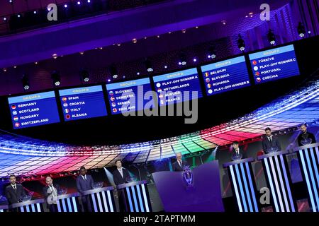 Hamburg, Deutschland. Dezember 2023. Fußball: Europameisterschaft, Auslosung in Hamburg, Elbphilharmonie. Übersicht über die für die Europameisterschaft gezogenen Gruppen. Quelle: Christian Charisius/dpa/Alamy Live News Stockfoto