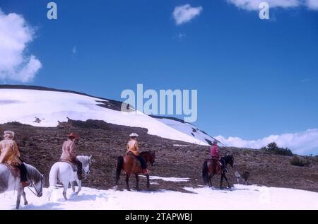 JASPER, ab - JULI 1954: Allgemeine Ansicht als eine Gruppe von Reitern, die sich um Juli 1954 in Jasper, Alberta, Kanada auf einem Pferderücken durch raues Gelände begeben. (Foto: Hy Peskin) Stockfoto