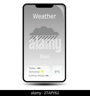 Wetter-App auf einem Mobiltelefon, das regnerisches Wetter anzeigt Stock Vektor