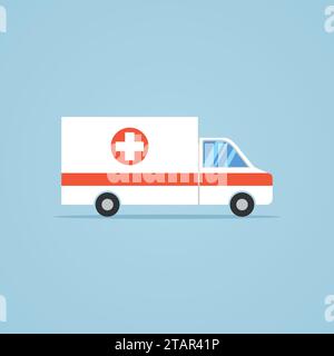 Ambulanzauto-Symbol in flachem Design-Stil isoliert auf blauem Hintergrund. Vektorabbildung. Stock Vektor