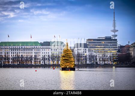 Alstertanne zur Weihnachtszeit auf der Binnenalster in Hamburg, Deutschland, Europa *** Alstertanne zur Weihnachtszeit auf der Binnenalster in Hamburg, Deutschland, Europa Credit: Imago/Alamy Live News Stockfoto