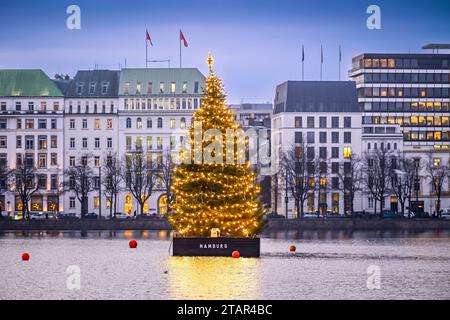 Alstertanne zur Weihnachtszeit auf der Binnenalster in Hamburg, Deutschland, Europa *** Alstertanne zur Weihnachtszeit auf der Binnenalster in Hamburg, Deutschland, Europa Credit: Imago/Alamy Live News Stockfoto