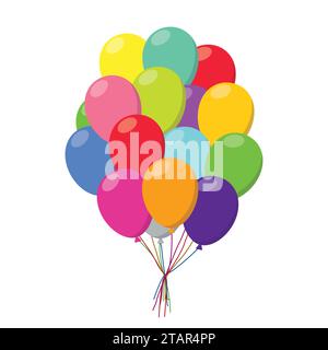 Luftballongruppe in flachem Karnevalsstil Happy Surprise Heliumschnur. Bunte Ballons isoliert auf weißem Hintergrund. Set-Gruppe für Referenzkreise Stock Vektor
