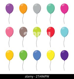 Farbenfrohe Ballons im flachen Karneval Happy Surprise Heliumschnur. Luftballon isoliert auf weißem Hintergrund. Referenzkreise legen verschiedene Farben fest Stock Vektor