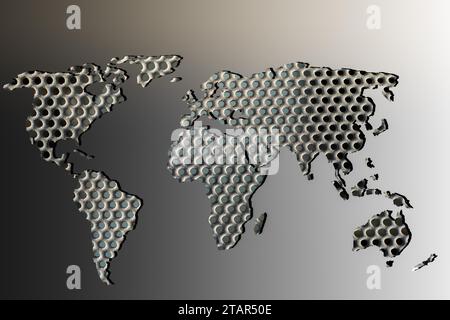 Grob umrissen Weltkarte mit Metall-Füllung auf grauem Hintergrund Stockfoto