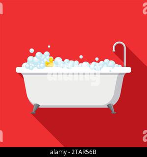 Badewanne mit Schaumblasen innen und Badewanne mit gelber Gummiente auf rotem Hintergrund mit Schatten. Badesymbol in flacher Vektorillustration Stock Vektor