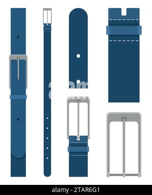 Blauer Gürtel mit Schnalle auf weißem Hintergrund. Element des Bekleidungsdesigns. Gürtelhose im flachen Stil. Vektorabbildung Stock Vektor