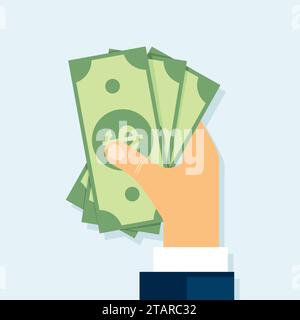 Hand hält Geld, Barrechnungen in Hand, Zahlungstyp. Vektorabbildung in abgewickelter Form. Stock Vektor