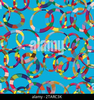 Verworrenes farbenfrohes 3D-Kreise nahtloses Muster auf blauem Hintergrund; buntes Kettenmuster Stock Vektor