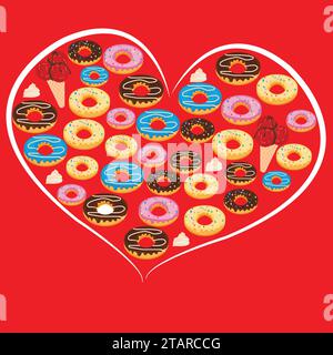 Donuts und Eis in roter Herzform; Schokoladengeschmack; Vanille- und Blaubeeraromen Stock Vektor