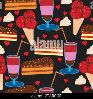 Eisbecher und Stück Kuchen mit nahtlosem Muster von Cocktailgläsern; süße Speisen und buntes Cocktailglas mit kleinen Herzen Stock Vektor