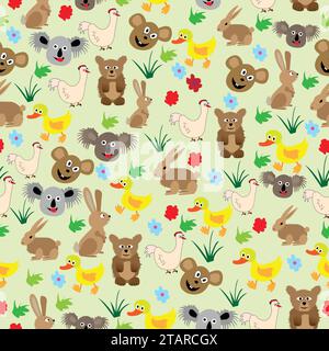 Komisches nahtloses Muster mit Wild- und Haustieren; viele lustige Tiercartoons nahtlos zum Drucken auf Textil und Papier, Plastiktüten Stock Vektor