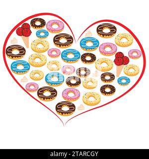 Donuts und Eis in roter Herzform; Schokoladengeschmack; Vanille- und Blaubeeraromen Stock Vektor