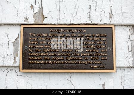 Woody Point Lighthouse Plaque Neufundland und Labrador, die die Geschichte des Woody Point Heritage Lighthouse in Bonne Bay Neufundland Kanada beschreiben Stockfoto