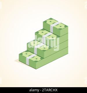 Geldstufen, Aufstieg zum Reichtum, Haufen Bargeld Leiter in flacher Form. Illustration Des Erfolgsvektors. Stock Vektor