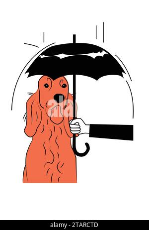 Pflege Eines streunenden irischen Setter Dog, indem er mit einem Regenschirm vor Regen schützt, ein heimatloses Tier adoptiert und unterstützt Stock Vektor