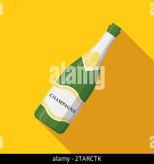 Sektflasche Symbolvektor auf gelbem Hintergrund. Wein-Sektflasche zur Alkoholfeier. Weihnachtsfeier mit goldenem Glas für die Neujahrsfeier Champagner Stock Vektor