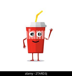 Lustige und süße Limonadrink roter Pappbecher Charakter isoliert auf weißem Hintergrund. Cola mit lächelnder menschlicher Gesichtsvektor-Illustration. Stock Vektor