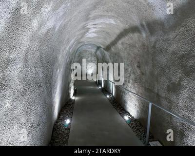 Gehweg mit Geländer in einem beleuchteten unterirdischen Tunnel in der Schweiz Stockfoto