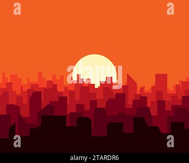 Stadt Sonnenuntergang Skyline urbane Landschaft. Silhouette im Stadtbild in flachem Stil. Stock Vektor