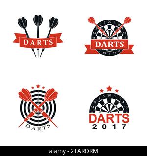 Darts Set Labels Sport Emblem und Symbol isoliert auf weißem Hintergrund. Darttafeln zielen mit Pfeilsymbol ab. Vektorabbildung Stock Vektor