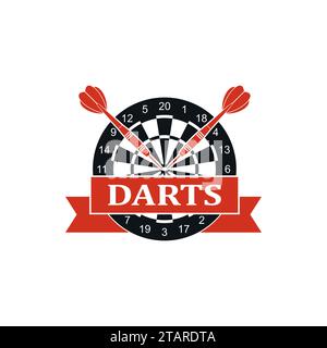 Darts Label Sport Emblem und Symbol isoliert auf weißem Hintergrund. Ziel mit Pfeilsymbol. Vektorabbildung Stock Vektor