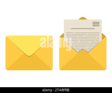 Geöffneter und geschlossener Umschlag mit Notizpapier isoliert auf weißem Hintergrund. E-Mail-Symbol. E-Mail und Kommunikation. Vorlagendesign für soziale Netzwerke Stock Vektor
