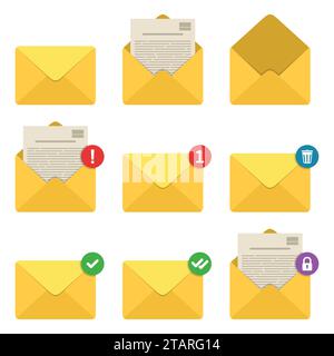 Symbole für Benachrichtigungen für Mail-Umschläge festgelegt. Konzept für eingehende E-Mail-Nachrichten, Kommunikation, Postzustellungsdienst für soziale Netzwerke, Web- oder mobile Apps. Stock Vektor