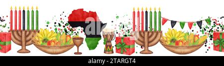 Nahtloser Rand für Kwanzaa. Afroamerikanischer Urlaub. Kinara, sieben brennende Kerzen, rote schwarze grüne Karte, Tasse, Trommel, Geschenk, Ernte. Handgezeichnet Stockfoto