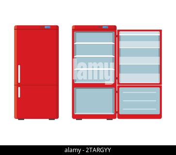 Roter Kühlschrank für Haushaltsgeräte offen und geschlossen, isoliert auf weißem Hintergrund. Kühlschrank für elektronische Geräte. Gefrierschrank für Haushaltsgeräte Stock Vektor