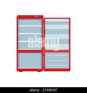 Roter Kühlschrank für Haushaltsgeräte offen isoliert auf weißem Hintergrund. Kühlschrank für elektronische Geräte. Vektor-Illustration für Haushaltsgeräte. Stock Vektor