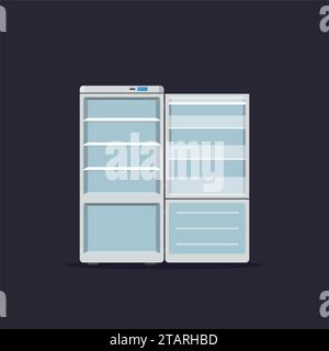 Haushaltsgeräte Kühlschrank offen isoliert auf dunklem Hintergrund. Kühlschrank für elektronische Geräte. Vektor-Illustration für Haushaltsgeräte. Stock Vektor