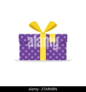Geschenk- oder Geschenkbox mit gelbem Band und Schleifenvektor isoliert auf weißem Hintergrund. Icon Geschenkbox für Weihnachten oder eine Geburtstagsfeier im flachen Stil. Stock Vektor